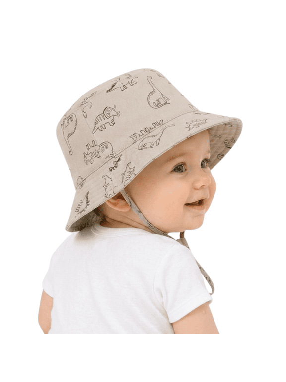 Baby Sun Hats UPF 50+ Wide Brim Toddler Bucket Hats Adjustable Dinosaur Print Sun Protection Hat for Baby Boys Girls Khaki 12-24 Months