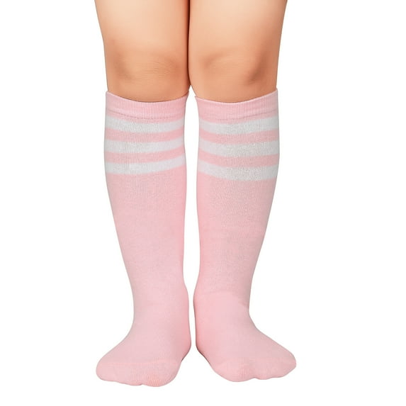 Zando Kids Toddler Soccer Socks Knee High Tube Socks Three Stripes Cotton Cute Sport Stocking for Boys Girls Pink White 3-6