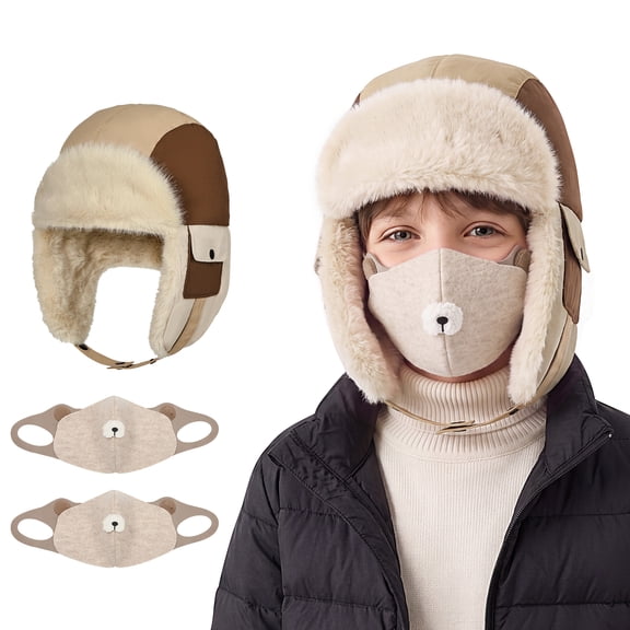 Zando Kids Winter Trapper Hat Set with 2 Bear Windproof Masks Ages 6-13 Brown