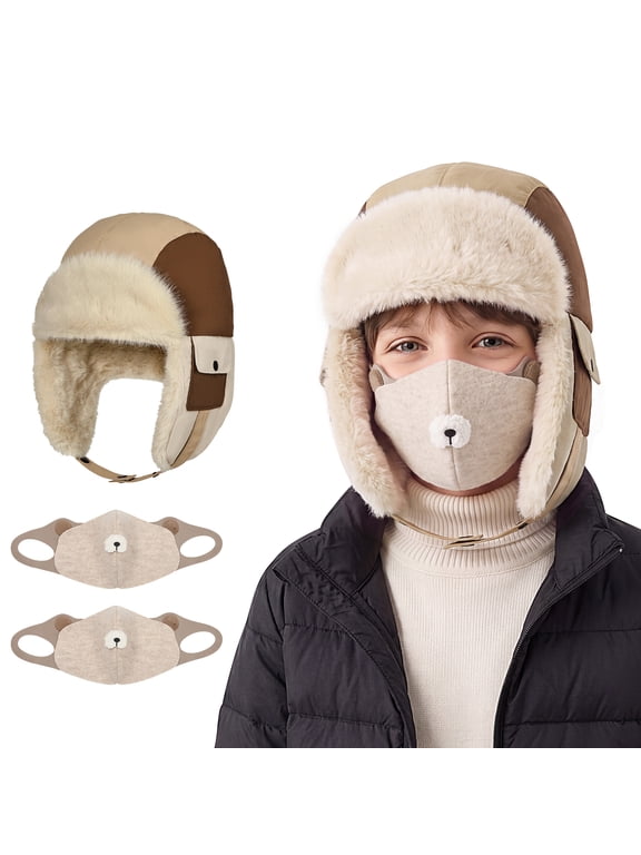 Kids Winter Trapper Hat Set with 2 Bear Windproof Masks Ages 6-13 Brown