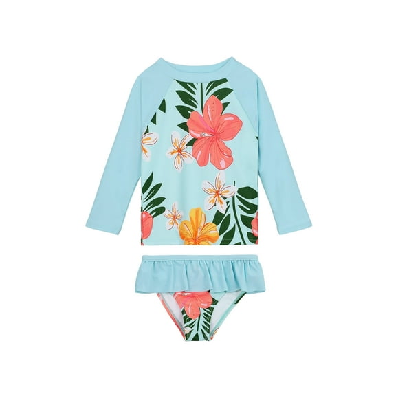 Zando Toddler Girl Rash Guard Sets Swimsuit Long Sleeve Top and Elastic Bottom with Ruffle Bathing Suits Baby Girl UPF 50+ Sun Protection Swimwear Sky Blue with Floral 4-5T