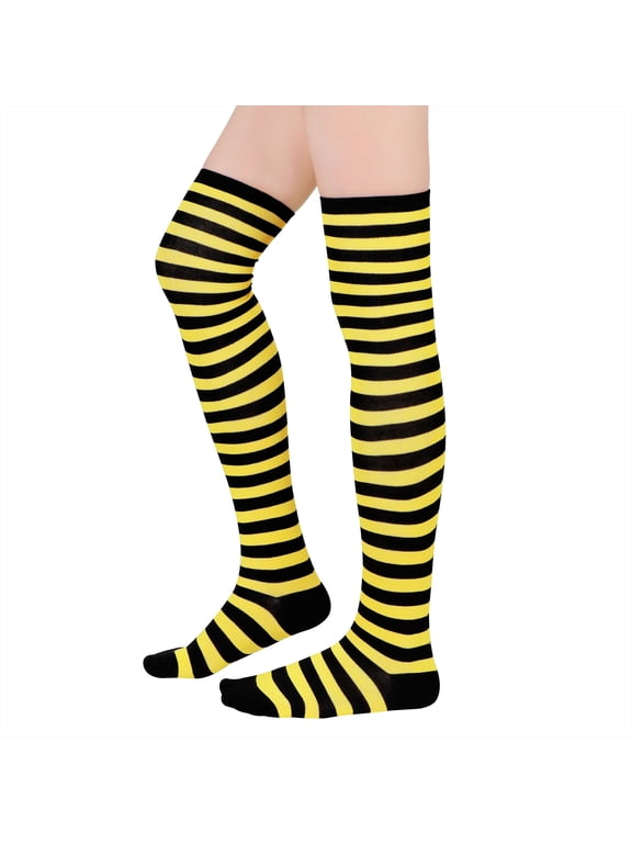 Long Thigh High Socks for Women Yellow Striped Over Knee Socks Crazy Bee Costume Women Cosplay Accessories Black and Yellow