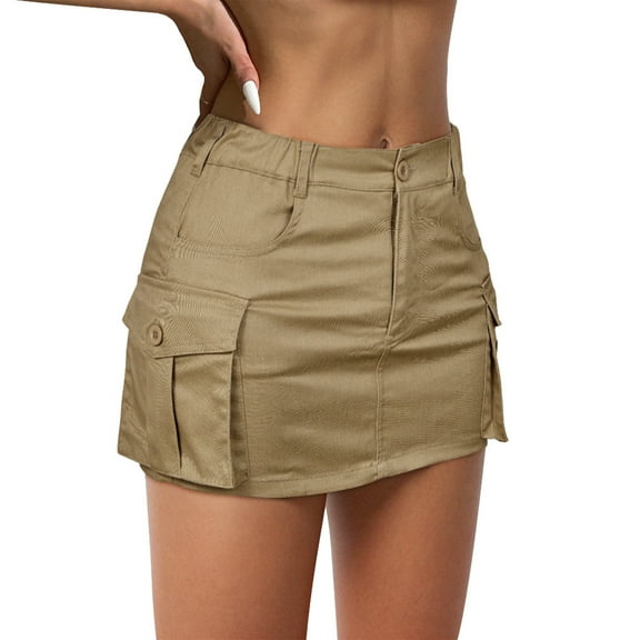 Zando Low Waist Cargo Skirt for Women Girls Vintage Mini Skirt Y2k Jean Skort Low Rise Short Denim Skirt with Pockets Khaki L