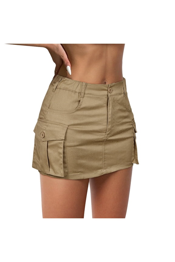 Low Waist Cargo Skirt for Women Girls Vintage Mini Skirt Y2k Jean Skort Low Rise Short Denim Skirt with Pockets Khaki L
