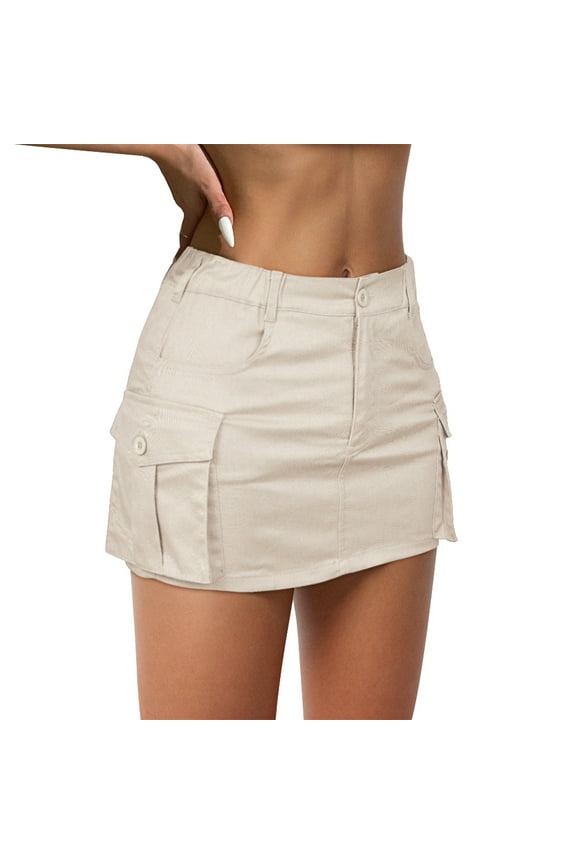 Low Waist Denim Skirt for Women Tummy Control Mini Cargo Denim Skort Slim Fit Skorts Skirts for Women with Pockets Beige L