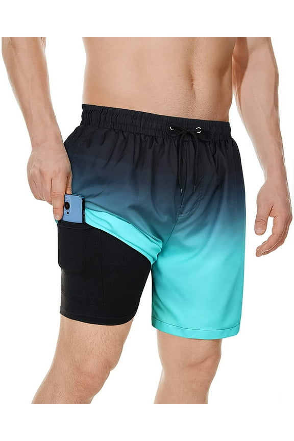 Mens Swim Trunks with Compression Liner Quick Dry Beach Shorts for Mens Bathing Suit Black Blue Gradient M