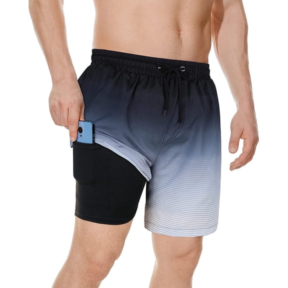 Zando Mens Swim Trunks with Compression Liner Quick Dry Beach Shorts for Mens Bathing Suit Black Grey Stripes M