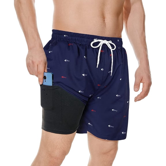 Zando Mens Swim Trunks with Compression Liner Quick Dry Beach Shorts for Mens Bathing Suit Navy Blue Fish Bone M
