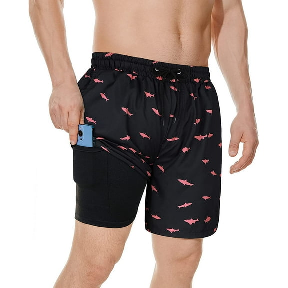 Zando Mens Swimming Trunks Quick Dry Compression Liner Swim Shorts Board Shorts Pink Shark L