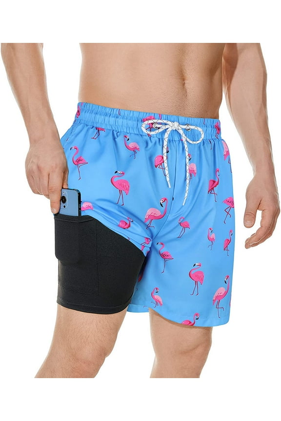 Mens Swimming Trunks Quick Dry Compression Liner Swim Shorts Board Shorts Sky Blue Flamingo L