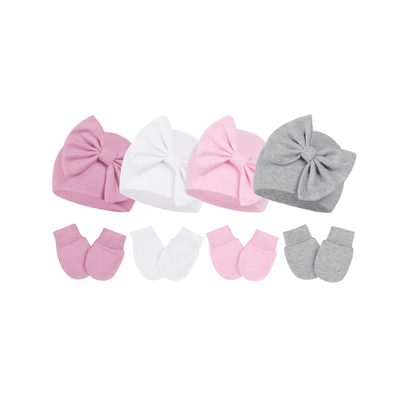 Zando 4Pcs Newborn Caps Mittens Sets Soft Infant Baby Hats with Big Bow Nursery Beanie Hats Mittens for 0-3 Months
