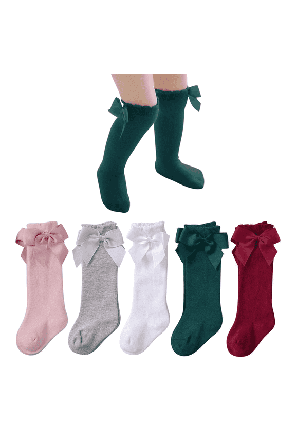 5 Pairs Newborn Socks with Bow Cotton Baby Girl Knee High Socks Ruffled Toddler Girl Socks 0-6 Months