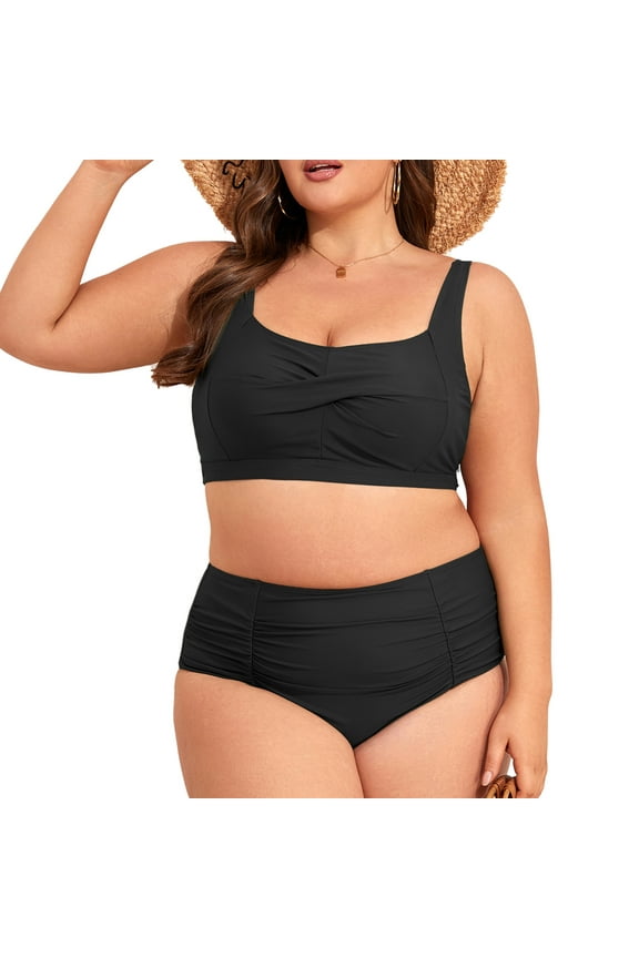 PLus Size Bikini Sets for Women Tummy Control High Waisted Women's Bankini Swimsuits 2 Pieces Swimsuits for Big Busted Women with Ruched Black 4XL