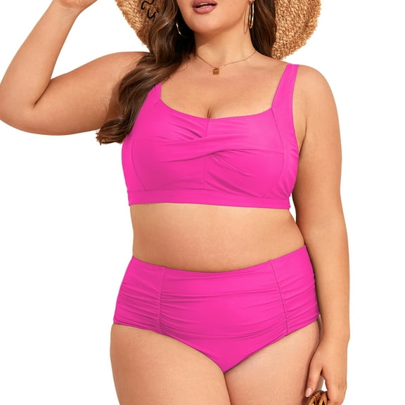 Zando PLus Size Bikini Sets for Women Tummy Control High Waisted Women's Bankini Swimsuits 2 Pieces Swimsuits for Big Busted Women with Ruched Hot Pink 2XL