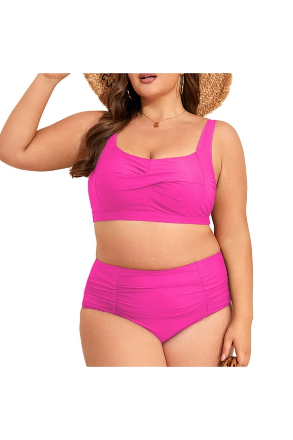 PLus Size Bikini Sets for Women Tummy Control High Waisted Women's Bankini Swimsuits 2 Pieces Swimsuits for Big Busted Women with Ruched Hot Pink 2XL
