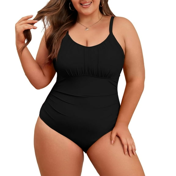 Zando Plus Size Bathing Suit for Women Ruched One Piece Swimsuit Adjustable Straps Womens Swimwear Black 2XL
