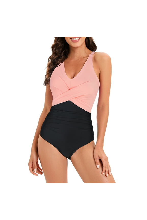 Plus Size One Piece Swimsuit for Women V Neck Tummy Control Bathing Suit Crossover Ruched Stripe Women Swimwear Pink Black 3XL
