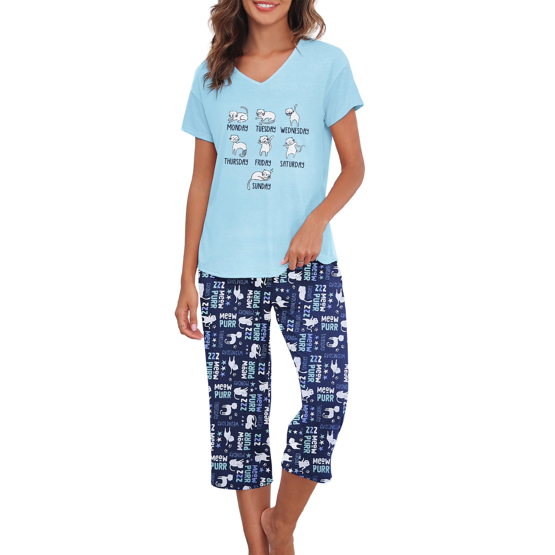 Zando Plus Size Pajamas for Women Two Piece Loungewear for Women Plus Size Pjs with Capris Night Sleepwear Sets Blue White Cats 2XL