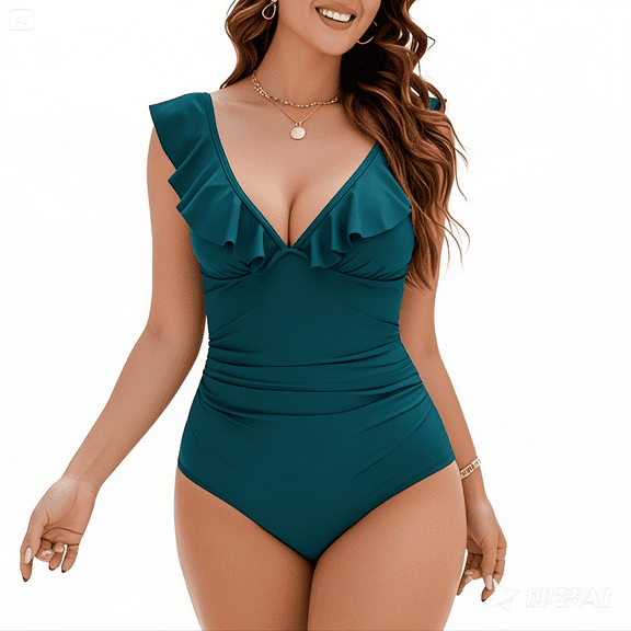 Zando Plus Size Ruffled Womens Swimsuits Big V Neck One Piece Swimsuit Women Tummy Control Hot Bathing Suits High Cut Ruched Monokini for Lady Malachite Blue XX-Large