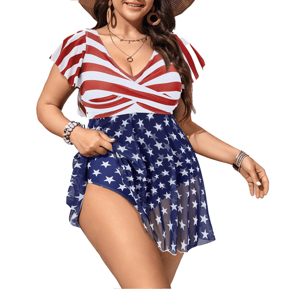 Zando Plus Size Women Tummy Control Bathing Suit Ruffle One-Piece Swim Dresses Flowy Swimwear American flag 2XL