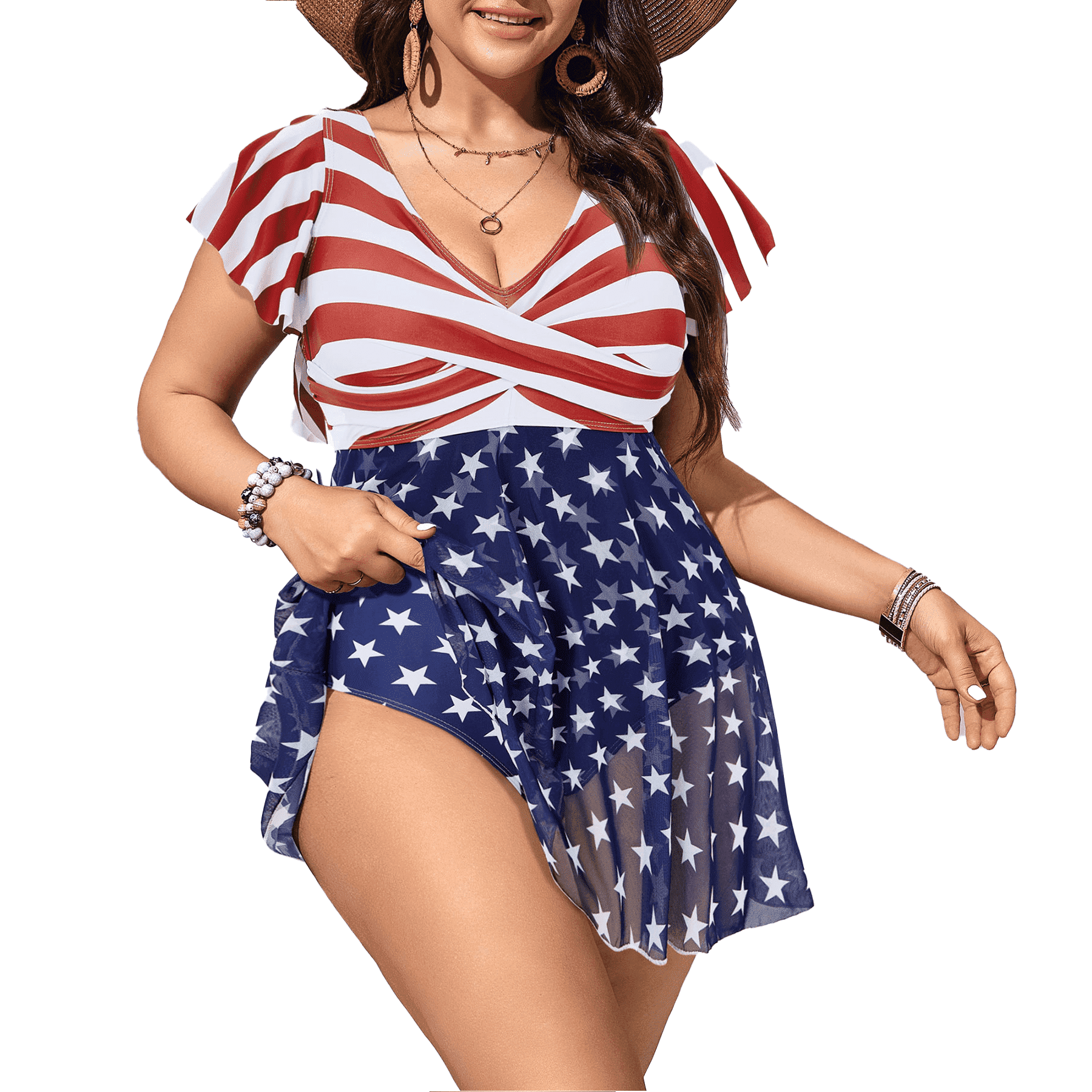 Zando 4th of July Women's Plus Size Bathing Suit Patriotic American Flag Tummy Control One Piece Swim Dress with sleeves for Beach Vacation 2XL