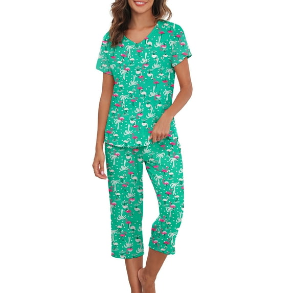 Zando Plus Size Womens Pajamas Set Casual Women's Sleepwear 2 Pack Short Sleeve Tee and Capri Pants Fun Prints Womens Loungewear Set Green Flamingos Size M-3XL