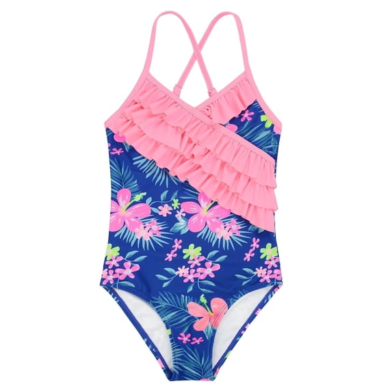 Zando Ruffle Bathing Suits for Teens Girls Swimsuit One-Piece Beach Swimwear Quick Dry Bathing Suit for Big Girls Ruffles Blue Floral Pink 8-9 Years