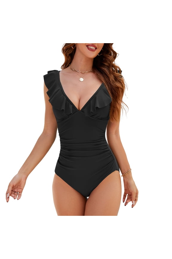Ruffled Womens Swimsuits Big V Neck One Piece Swimsuit Women Tummy Control Hot Bathing Suits High Cut Ruched Monokini for Lady Black Large