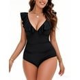 thumbnail image 1 of Zando Ruffled Womens Swimsuits Big V Neck One Piece Swimsuit Women Tummy Control Hot Bathing Suits High Cut Ruched Monokini for Lady Black X-Large, 1 of 6