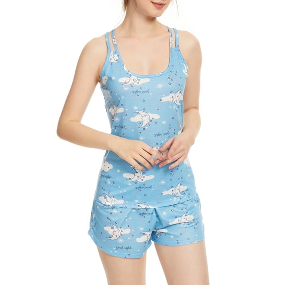 Zando Sleeveless Womens Loungewear Set Womens Pjs Tank Cross Back Fitness Fashion Racerback Lingerie Set Loose Fit Women Pajama Sets Blue Moon Medium
