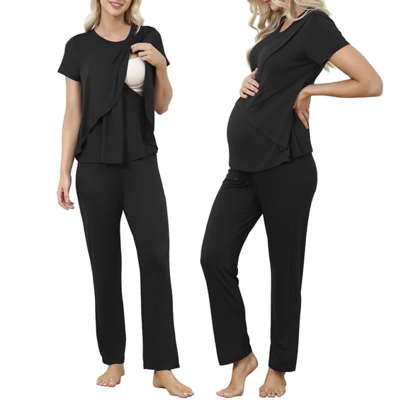 Zando Womens Bamboo Maternity Nursing Pajamas Set Layer Soft Postpartum Lounge Set for Woman Tulip Hem Breastfeeding Woman PJ 2 Piece set