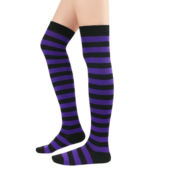 Zando Striped Over Knee High Socks Purple Thigh High Stockings Crazy Socks for Halloween Costumes Cosplay