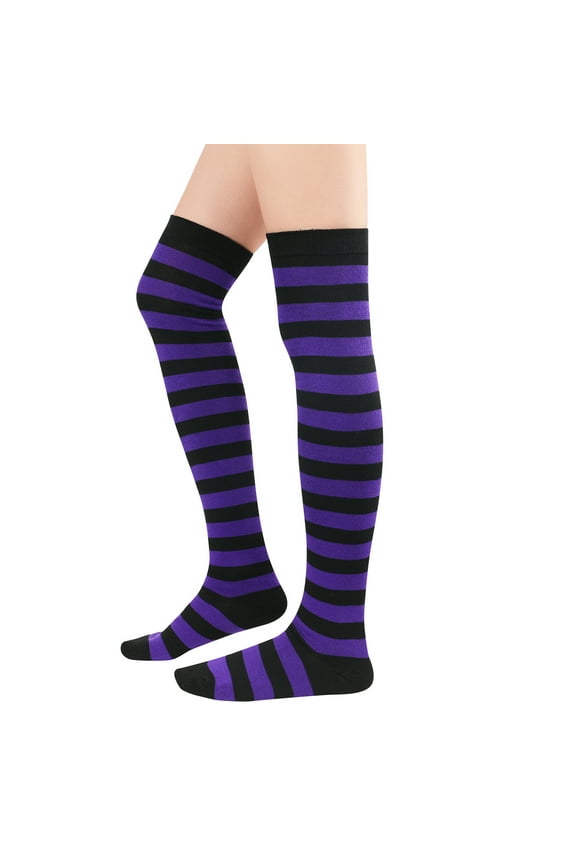 Striped Over Knee High Socks Purple Thigh High Stockings Crazy Socks for Halloween Costumes Cosplay