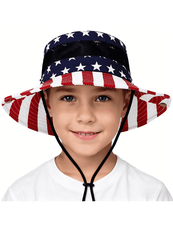 4th of July Sun Hat Kids Patriotic American Flag Bucket Hat UPF 50+ Summer Beach Fishing Safari Hat for Boys Grils