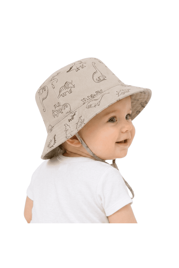 Baby Sun Hats UPF 50+ Wide Brim Toddler Bucket Hats Adjustable Dinosaur Print Sun Protection Hat for Baby Boys Girls Khaki 6-12 Months