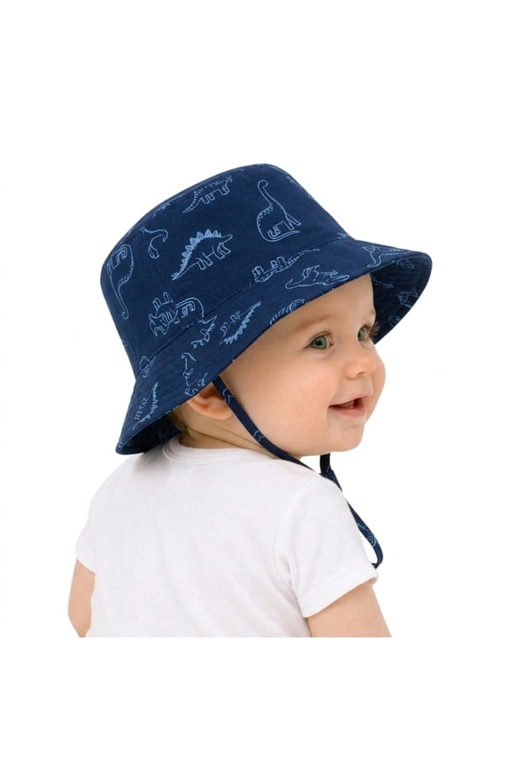 Baby Sun Hats UPF 50+ Wide Brim Toddler Bucket Hats Adjustable Dinosaur Print Sun Protection Hat for Baby Boys Girls Navy Blue 3-6 Months