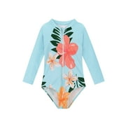 Zando Toddler Girl Long Sleeve One Piece Swimsuit Little Girl Quick Dry Bathing Suits with Zipper Girl Rash Guard Beachwear UPF 50+ Sun Protection Blue Flower 4-5T