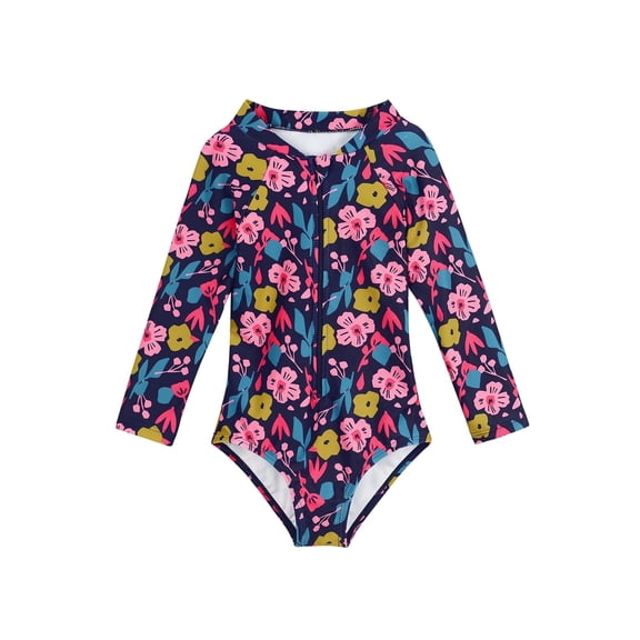 Zando Toddler Girl Long Sleeve One Piece Swimsuit Little Girl Quick Dry Bathing Suits with Zipper Girl Rash Guard Beachwear UPF 50 Sun Protection Floral 4-5T