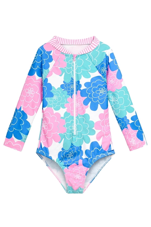 Toddler Girl Long Sleeve One Piece Swimsuit Little Girl Quick Dry Bathing Suits with Zipper Girl Rash Guard Beachwear UPF 50+ Sun Protection Multicolor Floral 3-4T