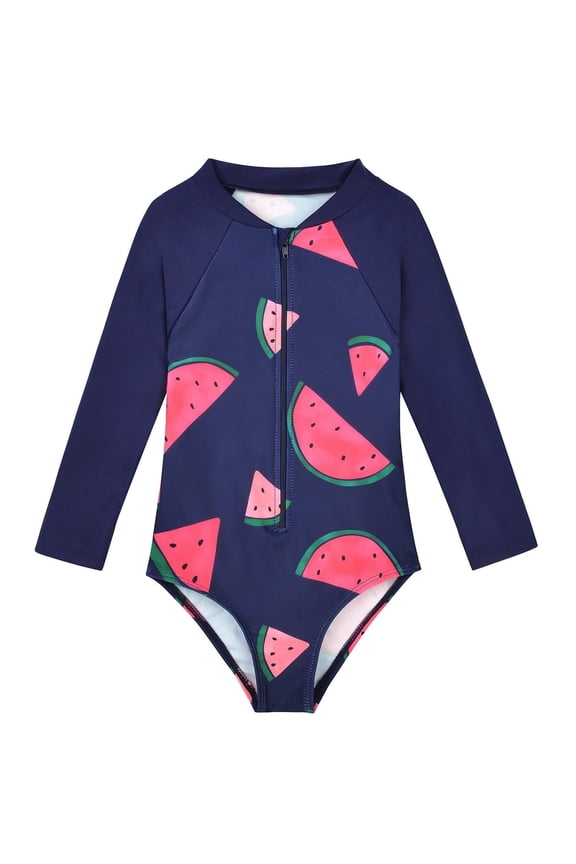 Toddler Girl Long Sleeve One Piece Swimsuit Little Girl Quick Dry Bathing Suits with Zipper Girl Rash Guard Beachwear UPF 50+ Sun Protection Navy Watermelon 3-4T