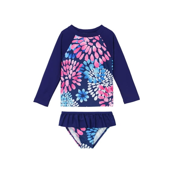 Zando Toddler Girl Rash Guard Sets Swimsuit Long Sleeve Top and Elastic Bottom with Ruffle Bathing Suits Baby Girl UPF 50+ Sun Protection Swimwear Daisy Navy 4-5T