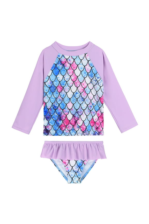 Toddler Girl Rash Guard Sets Swimsuit Long Sleeve Top and Elastic Bottom with Ruffle Bathing Suits Baby Girl UPF 50+ Sun Protection Swimwear Purple Mermaid 3-4T