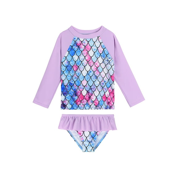 Zando Toddler Girl Rash Guard Sets Swimsuit Long Sleeve Top and Elastic Bottom with Ruffle Bathing Suits Baby Girl UPF 50+ Sun Protection Swimwear Purple Mermaid 3-4T