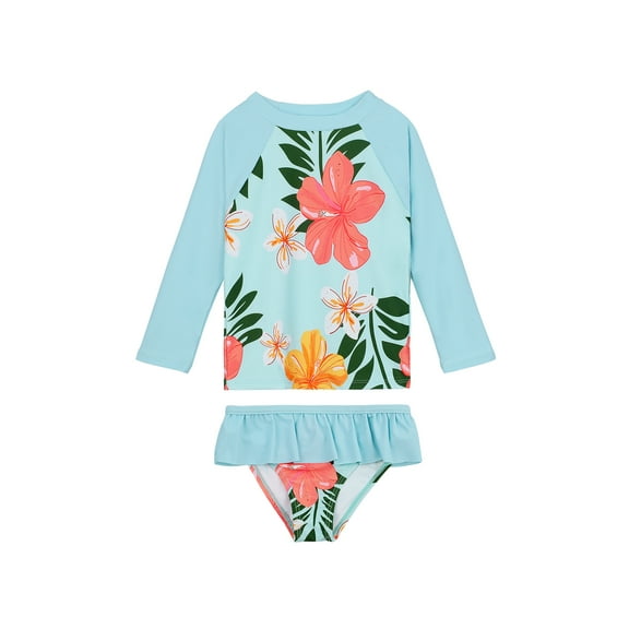 Zando Toddler Girl Rash Guard Sets Swimsuit Long Sleeve Top and Elastic Bottom with Ruffle Bathing Suits Baby Girl UPF 50  Sun Protection Swimwear Sky Blue with Floral 5-6T