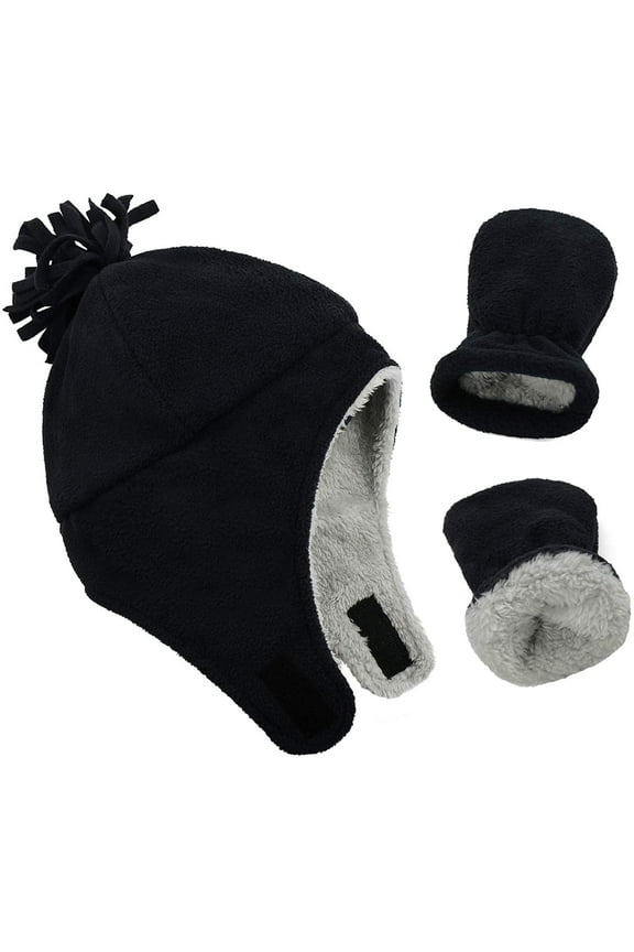 Baby Kids Winter Hats and Gloves Sets Boys Warm Polar Fleece Beanie Hat Cold Weather Black A 4-7T