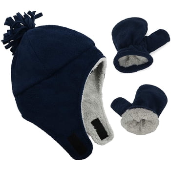 Zando Baby Kids Winter Hats and Gloves Sets for Boys Navy Blue Warm Polar Fleece Earmuffs Beanie Hat Navy 2-12 Months
