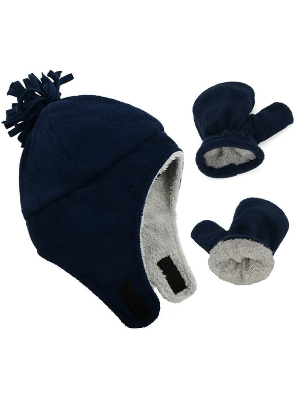 Baby Kids Winter Hats and Gloves Sets for Boys Navy Blue Warm Polar Fleece Earmuffs Beanie Hat Navy 2-12 Months