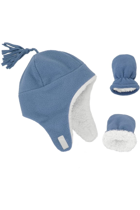 Toddler Winter Hats and Gloves Sets for Boys Blue Polar Fleece Earflap Beanie Hat Light Blue 1-2T