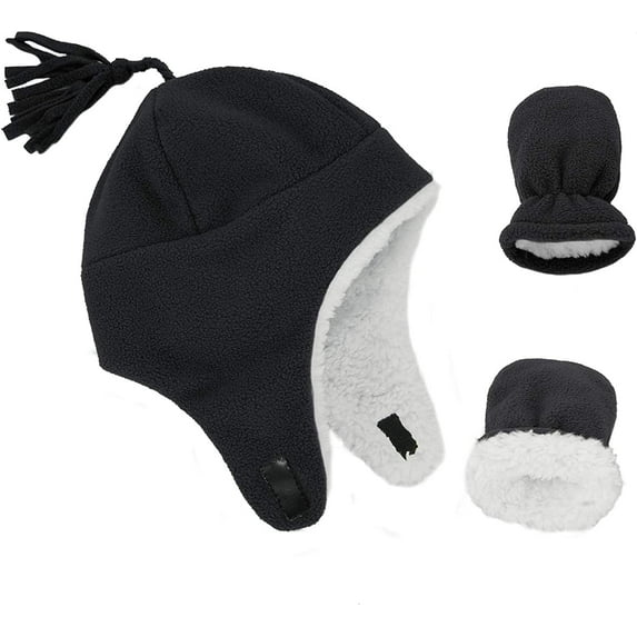 Zando Toddler Winter Hats and Gloves Sets for Boys Warm Polar Fleece Earflap Beanie Hat Black 2-12 Months