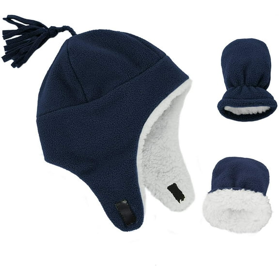Zando Toddler Winter Hats and Gloves Sets for Boys Warm Polar Fleece Earflap Beanie Hat Navy Blue 2-12 Months